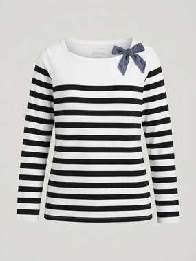 Talbots Chambray Bow Stripe Top Black and White Long Sleeve Size M